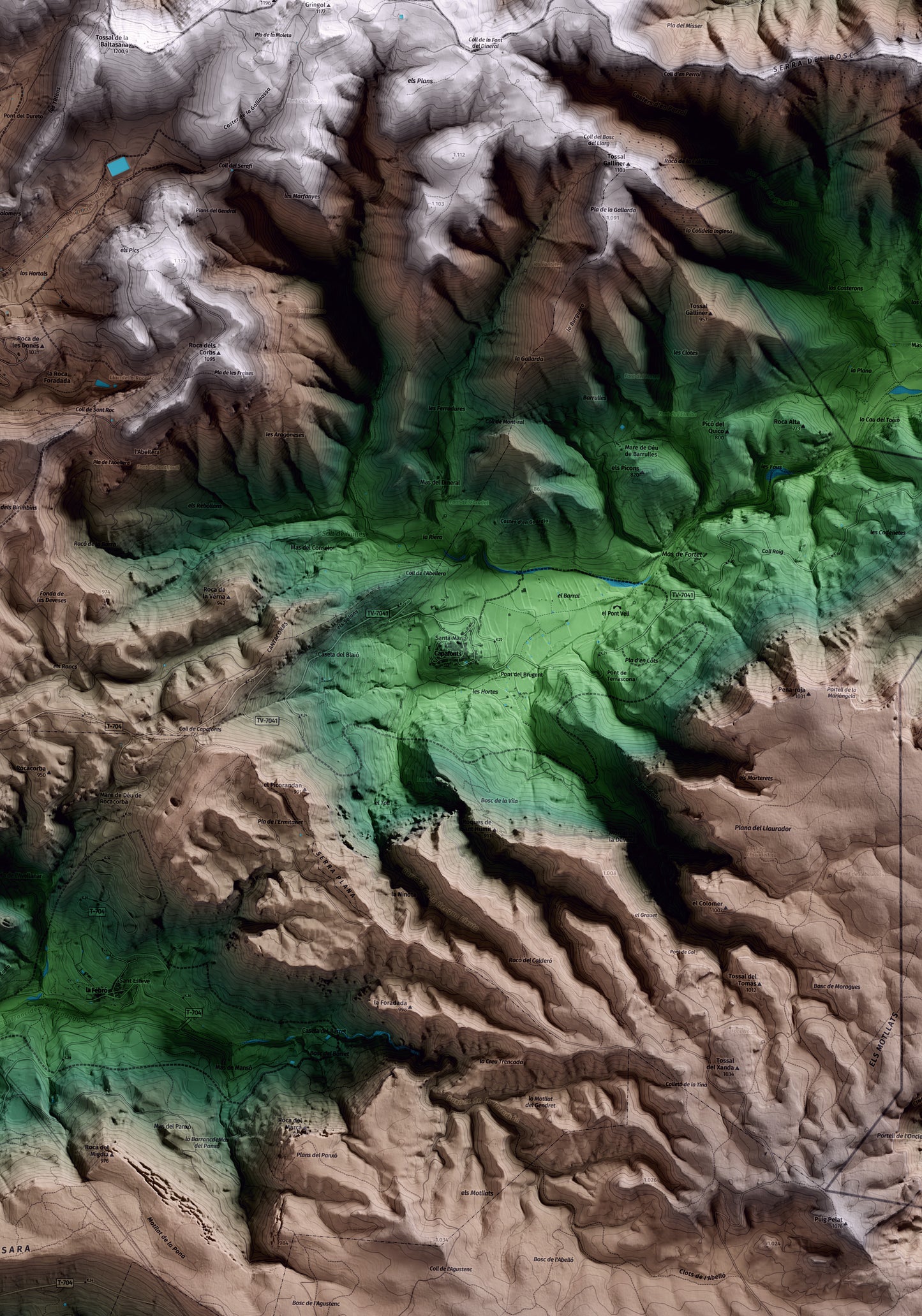 Mapa artístico del relieve de Capafonts, al Baix Camp, con 15 km de entorno y base topográfica ICGC. Detalle de la zona central.