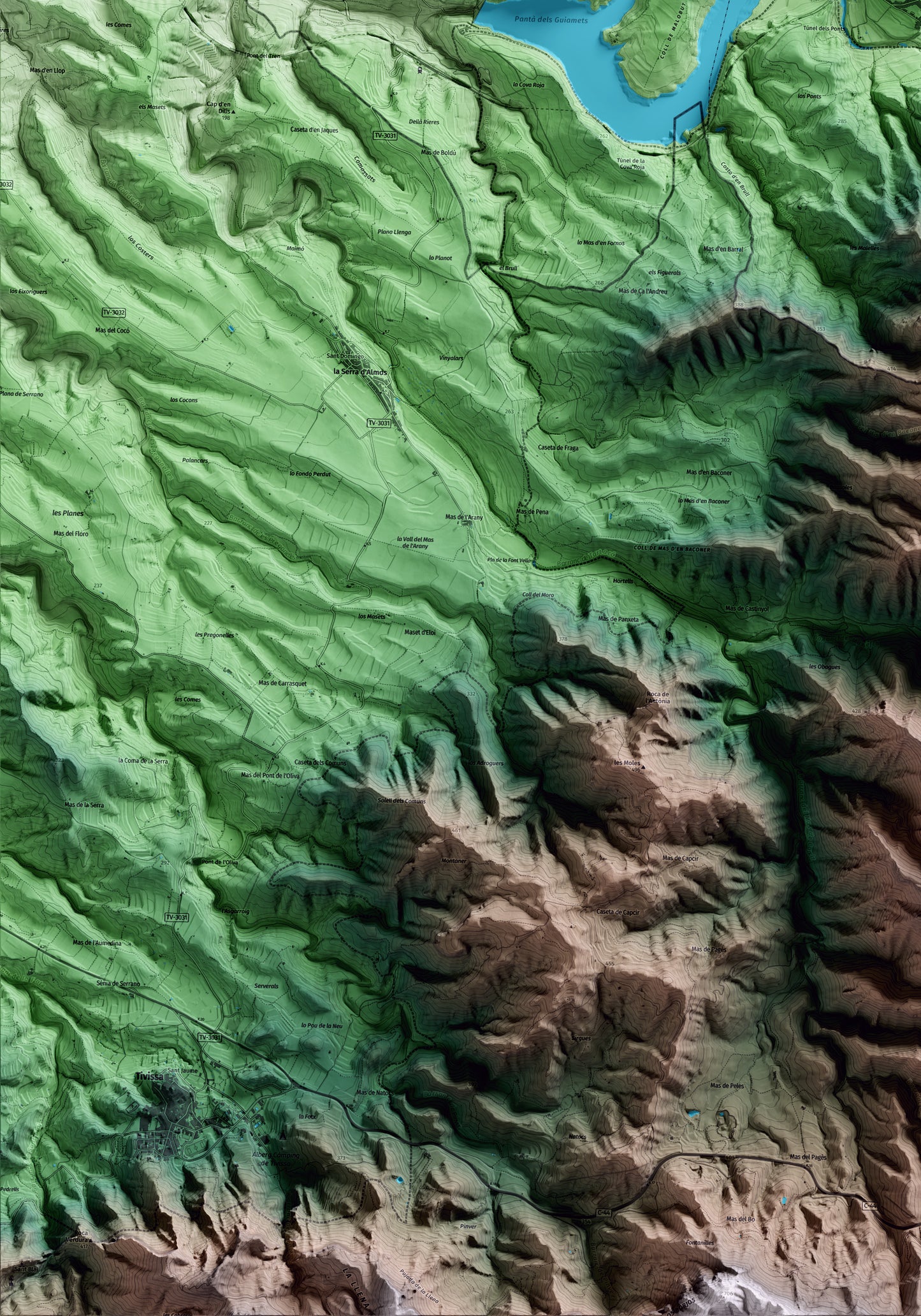 Mapa artístico del relieve de Capçanes, al Priorat, con 15 km de entorno y base topográfica ICGC. Detalle de la zona inferior izquierda.