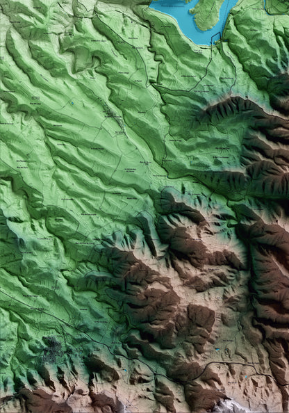Mapa artístico del relieve de Capçanes, al Priorat, con 15 km de entorno y base topográfica ICGC. Detalle de la zona inferior izquierda.