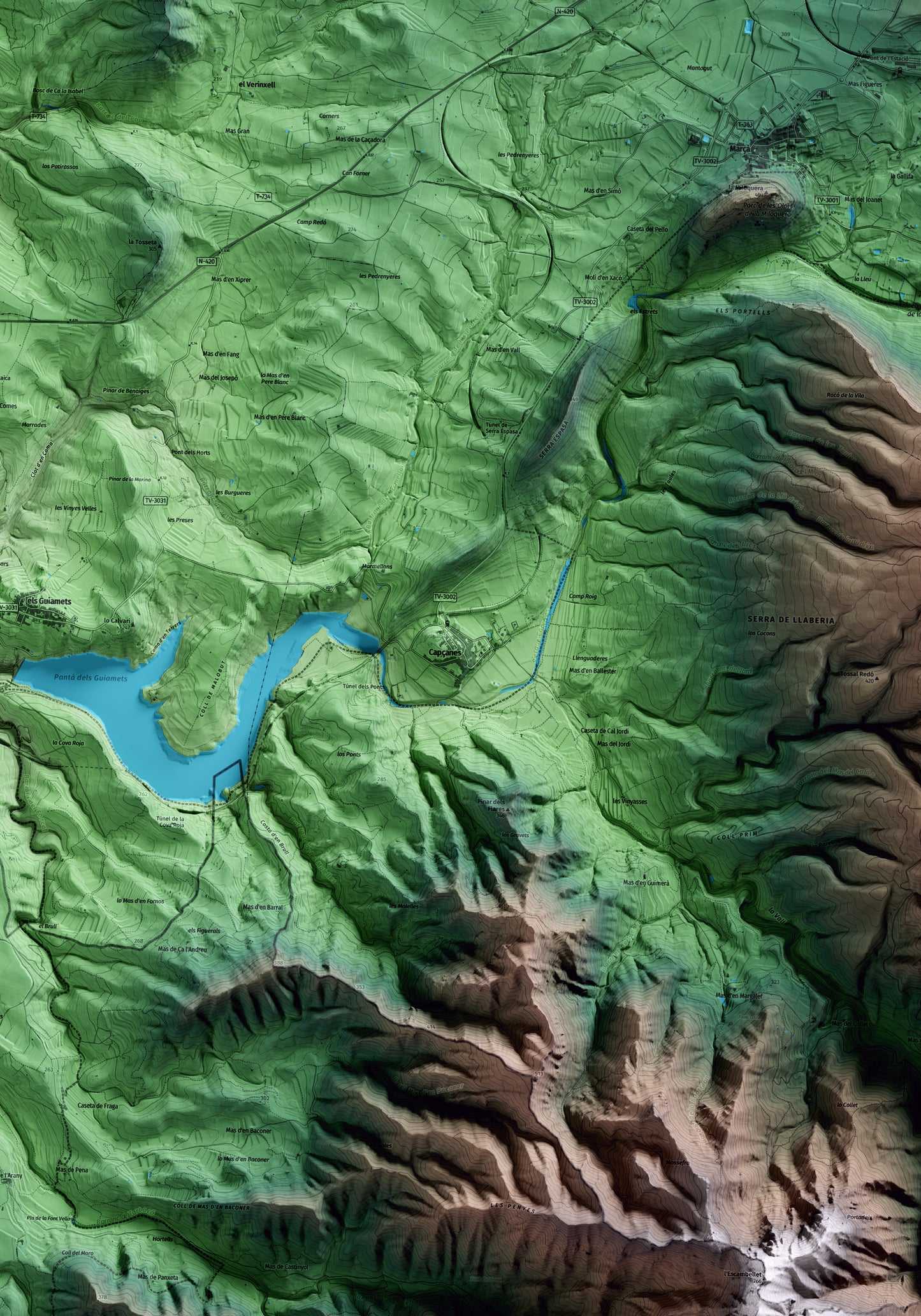 Mapa artístico del relieve de Capçanes, al Priorat, con 15 km de entorno y base topográfica ICGC. Detalle de la zona central.