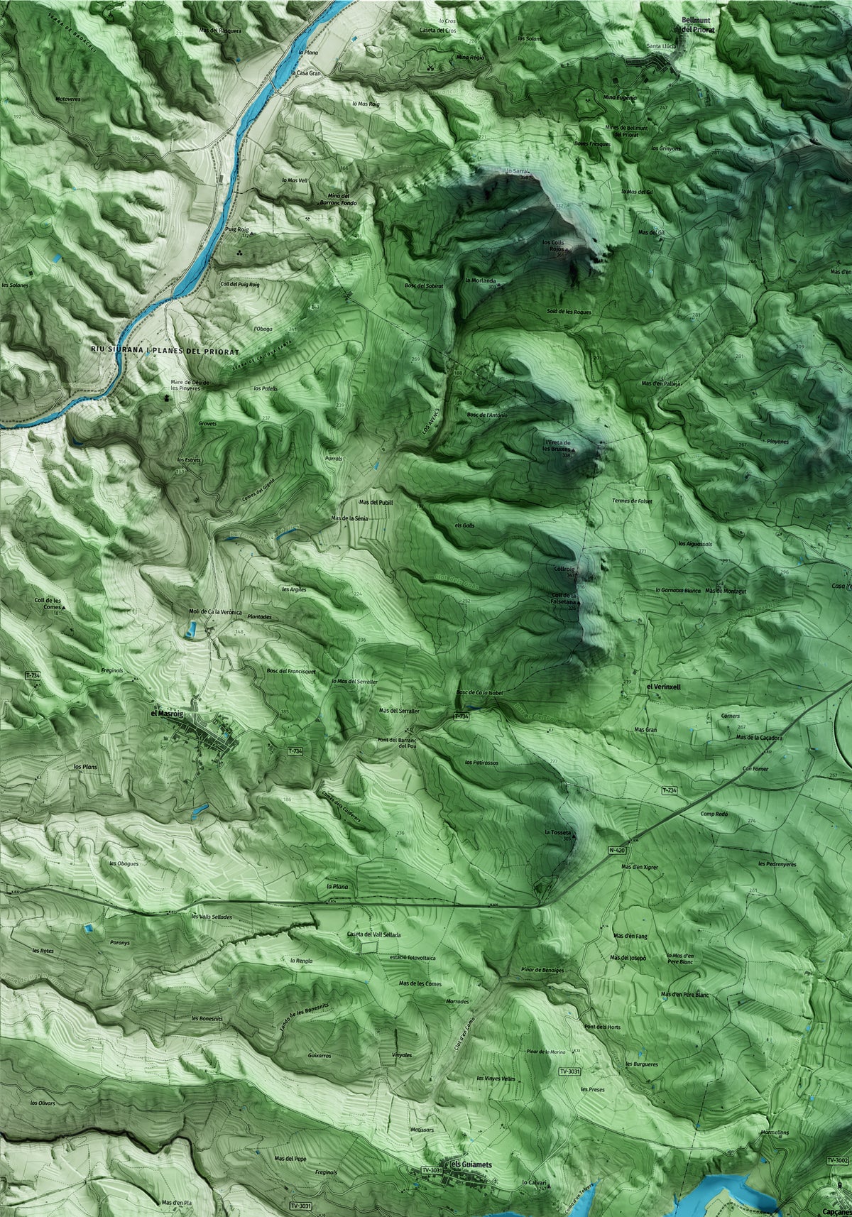 Mapa artístico del relieve de Capçanes, al Priorat, con 15 km de entorno y base topográfica ICGC. Detalle de la zona superior izquierda.