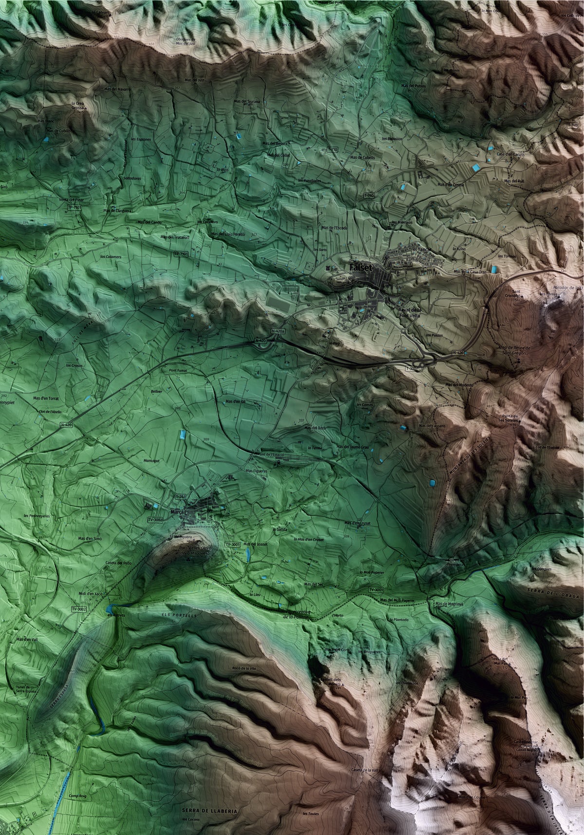 Mapa artístico del relieve de Capçanes, al Priorat, con 15 km de entorno y base topográfica ICGC. Detalle de la zona superior derecha.