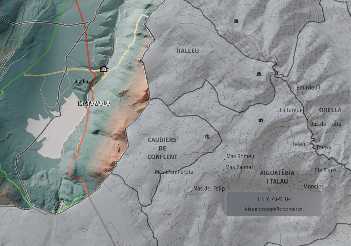 Mapa de relleu del Capcir, amb el territori en color i l’entorn en blanc. Detall de la part inferior dreta. 21 × 30 cm. Estil Contrastat.