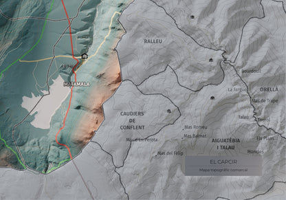 Mapa de relleu del Capcir, amb el territori en color i l’entorn en blanc. Detall de la part inferior dreta. 21 × 30 cm. Estil Contrastat.