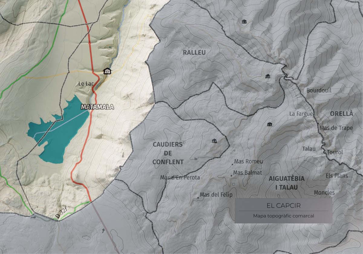 Mapa de relleu del Capcir, amb el territori en color i l’entorn en blanc. Detall de la part inferior dreta. 21 × 30 cm. Estil Cartogràfic.