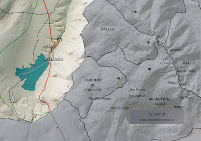 Mapa de relleu del Capcir, amb el territori en color i l’entorn en blanc. Detall de la part inferior dreta. 21 × 30 cm. Estil Cartogràfic.