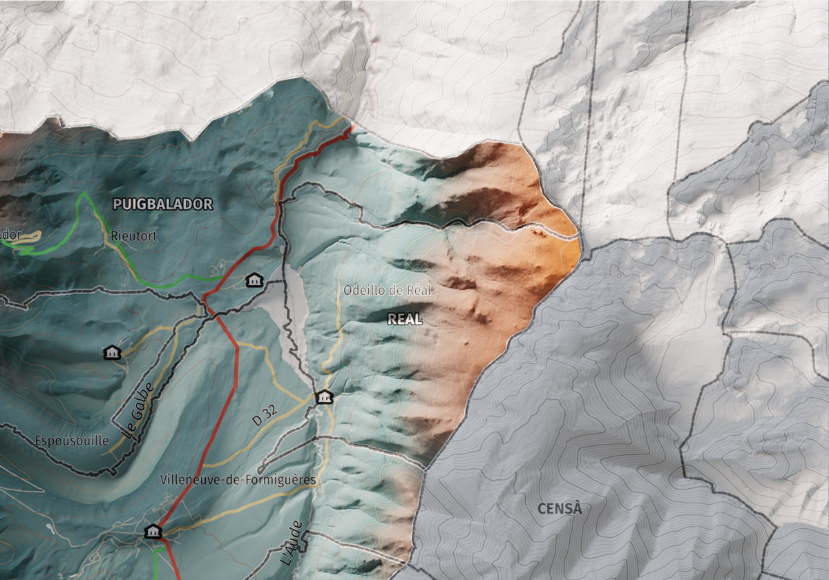 Mapa de relleu del Capcir, amb el territori en color i l’entorn en blanc. Detall de la part superior dreta. 21 × 30 cm. Estil Contrastat.