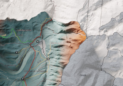 Mapa de relleu del Capcir, amb el territori en color i l’entorn en blanc. Detall de la part superior dreta. 21 × 30 cm. Estil Contrastat.