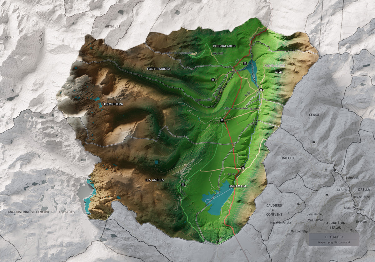 Mapa de relleu del Capcir, amb el territori en color i l’entorn en blanc. Vista completa de la làmina. 21 × 30 cm. Estil Clàssic.