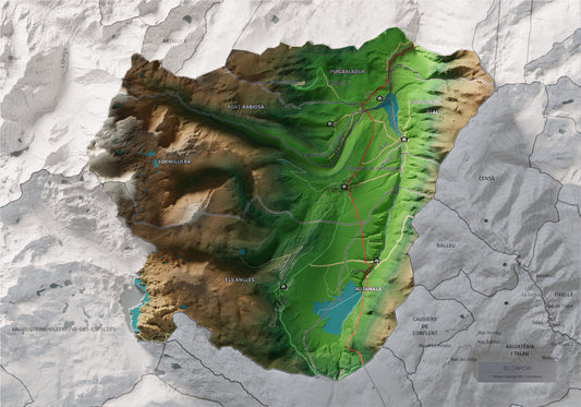 Mapa de relieve del Capcir, con el territorio en color y el entorno en blanco. Vista completa de la lámina. 21 × 30 cm. Estilo Clásico.