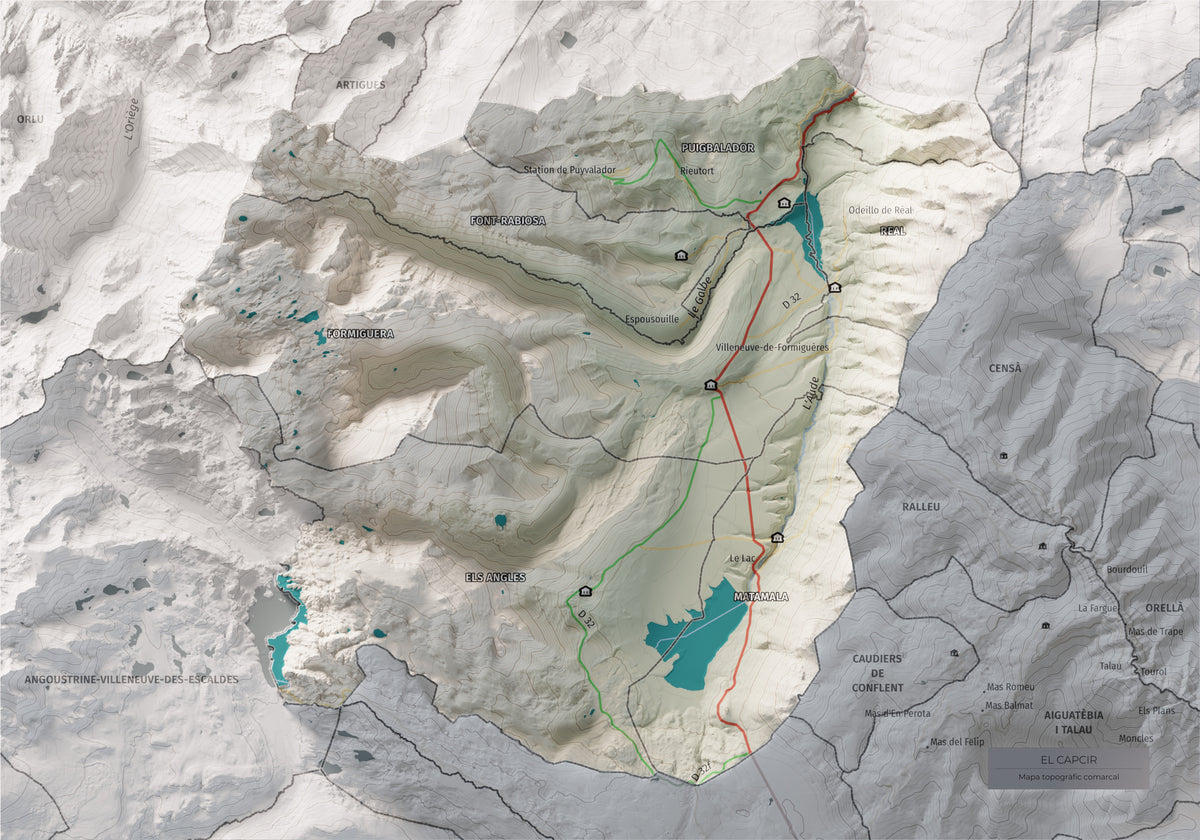 Mapa de relleu del Capcir, amb el territori en color i l’entorn en blanc. Vista completa de la làmina. 21 × 30 cm. Estil Cartogràfic.
