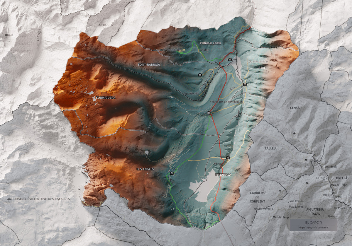 Mapa de relleu del Capcir, amb el territori en color i l’entorn en blanc. Vista completa de la làmina. 21 × 30 cm. Estil Contrastat.
