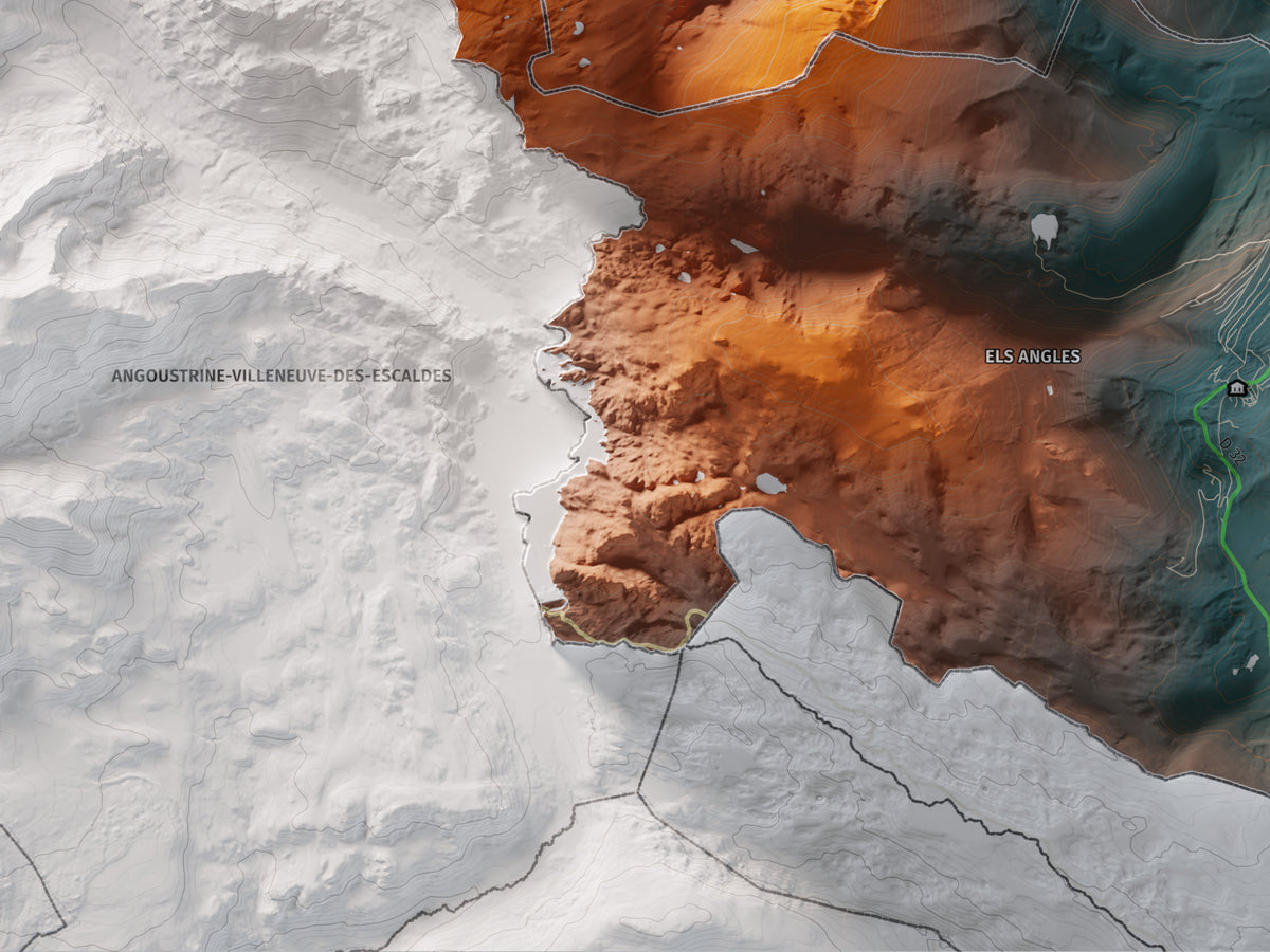 Mapa de relleu del Capcir, amb el territori en color i l’entorn en blanc. Detall de la part inferior esquerra. 30 × 40 cm. Estil Contrastat.