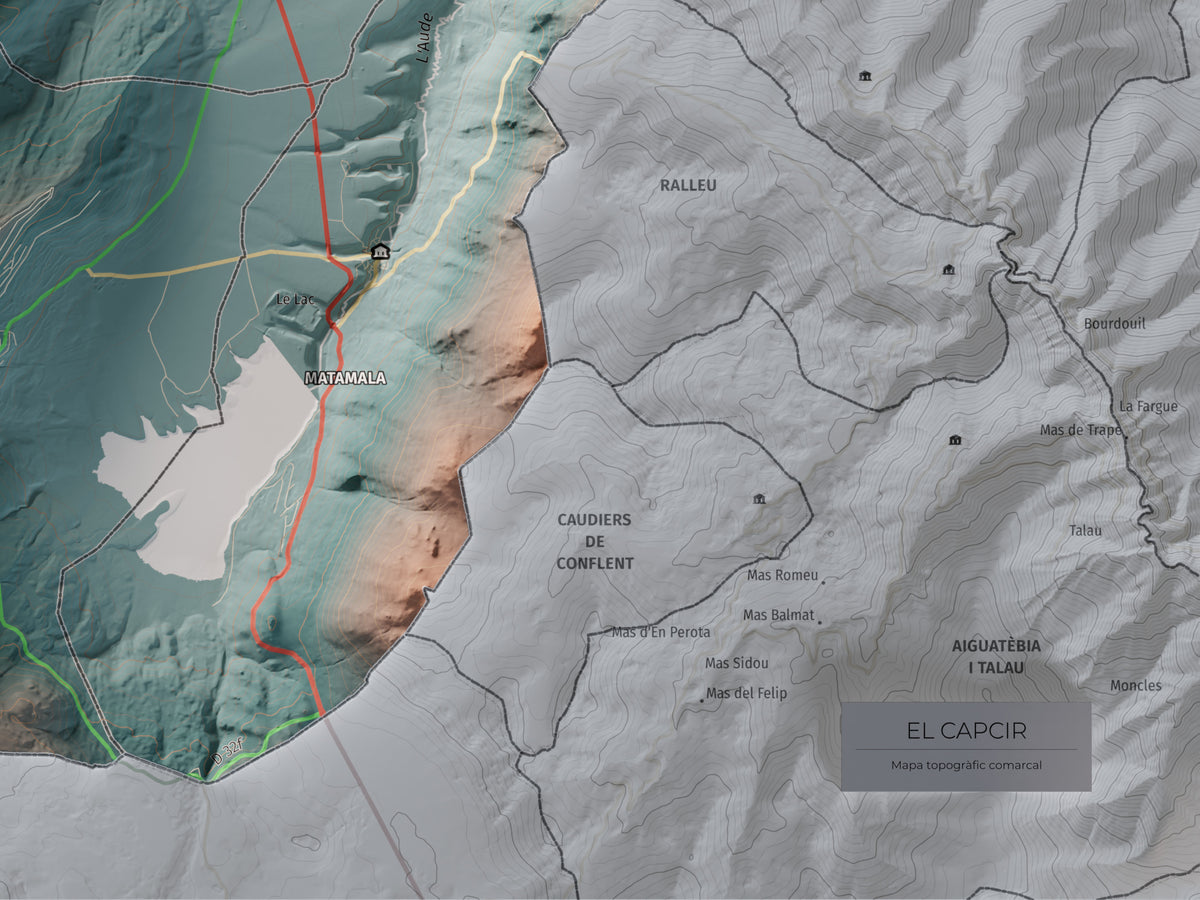 Mapa de relleu del Capcir, amb el territori en color i l’entorn en blanc. Detall de la part inferior dreta. 30 × 40 cm. Estil Contrastat.