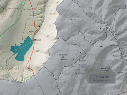 Mapa de relleu del Capcir, amb el territori en color i l’entorn en blanc. Detall de la part inferior dreta. 30 × 40 cm. Estil Cartogràfic.