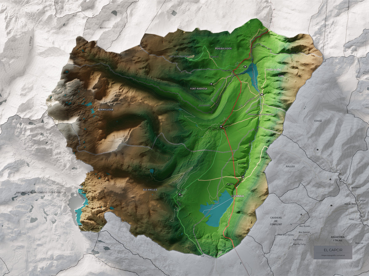 Mapa de relleu del Capcir, amb el territori en color i l’entorn en blanc. Vista completa de la làmina. 30 × 40 cm. Estil Clàssic.