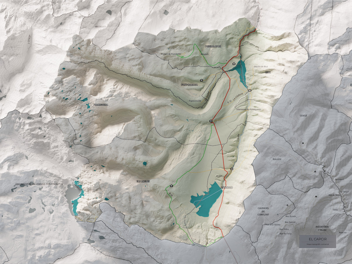 Mapa de relleu del Capcir, amb el territori en color i l’entorn en blanc. Vista completa de la làmina. 30 × 40 cm. Estil Cartogràfic.