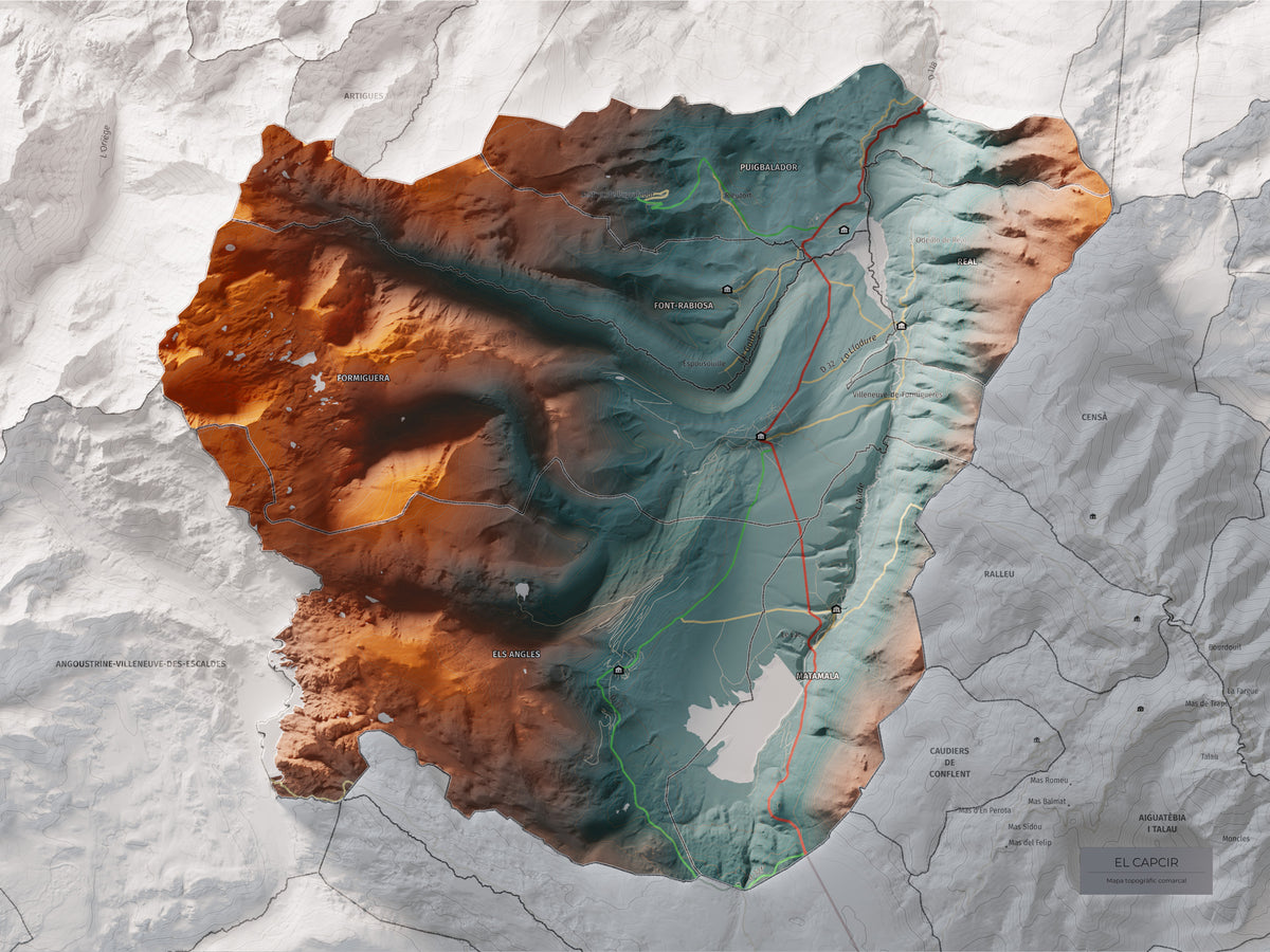 Mapa de relleu del Capcir, amb el territori en color i l’entorn en blanc. Vista completa de la làmina. 30 × 40 cm. Estil Contrastat.