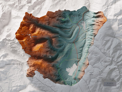Mapa de relleu del Capcir, amb el territori en color i l’entorn en blanc. Vista completa de la làmina. 30 × 40 cm. Estil Contrastat.