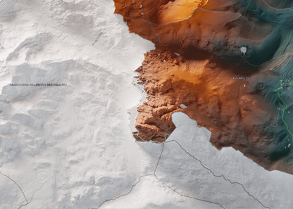 Mapa de relleu del Capcir, amb el territori en color i l’entorn en blanc. Detall de la part inferior esquerra. 50 × 70 cm. Estil Contrastat.