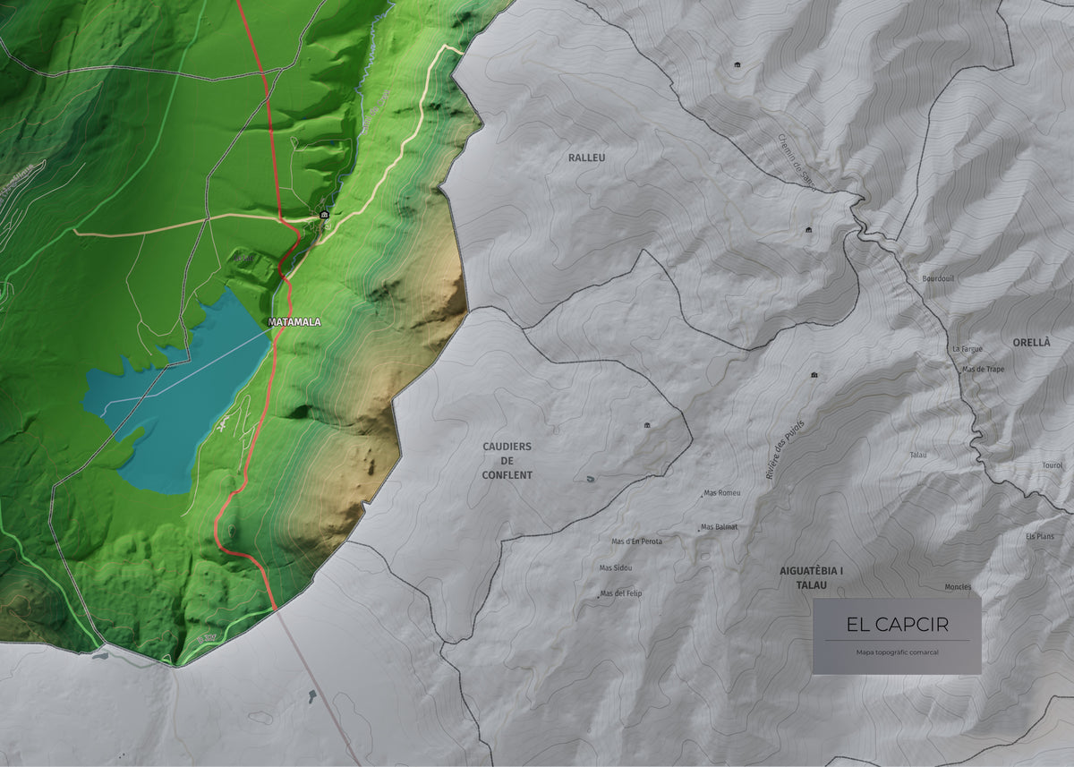 Mapa de relleu del Capcir, amb el territori en color i l’entorn en blanc. Detall de la part inferior dreta. 50 × 70 cm. Estil Clàssic.