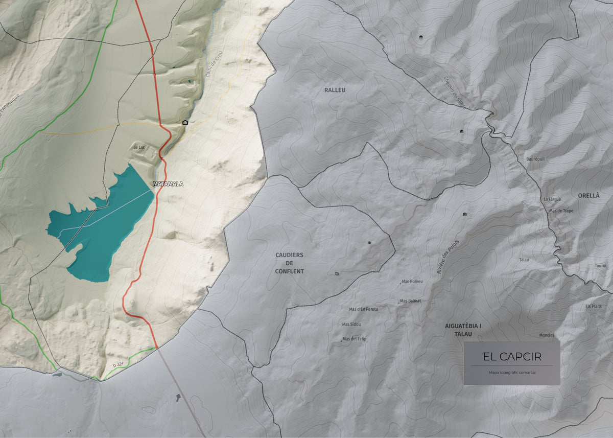 Mapa de relleu del Capcir, amb el territori en color i l’entorn en blanc. Detall de la part inferior dreta. 50 × 70 cm. Estil Cartogràfic.