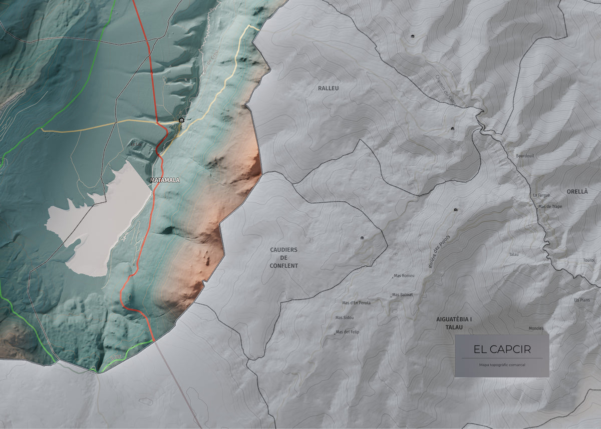 Mapa de relleu del Capcir, amb el territori en color i l’entorn en blanc. Detall de la part inferior dreta. 50 × 70 cm. Estil Contrastat.