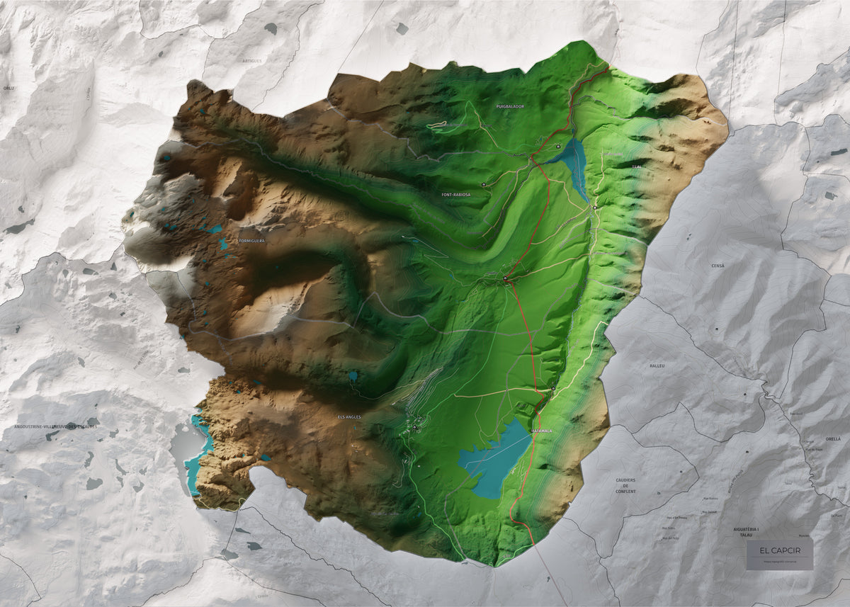 Mapa de relleu del Capcir, amb el territori en color i l’entorn en blanc. Vista completa de la làmina. 50 × 70 cm. Estil Clàssic.