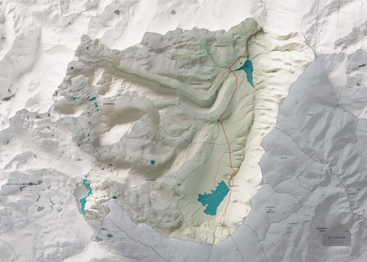 Mapa de relleu del Capcir, amb el territori en color i l’entorn en blanc. Vista completa de la làmina. 50 × 70 cm. Estil Cartogràfic.