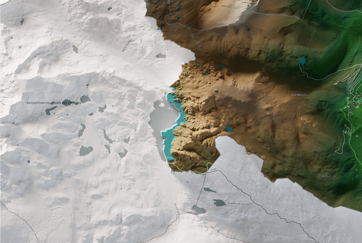 Mapa de relleu del Capcir, amb el territori en color i l’entorn en blanc. Detall de la part inferior esquerra. 61 × 91 cm. Estil Clàssic.