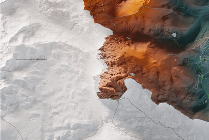 Mapa de relleu del Capcir, amb el territori en color i l’entorn en blanc. Detall de la part inferior esquerra. 61 × 91 cm. Estil Contrastat.