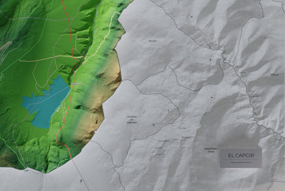 Mapa de relleu del Capcir, amb el territori en color i l’entorn en blanc. Detall de la part inferior dreta. 61 × 91 cm. Estil Clàssic.