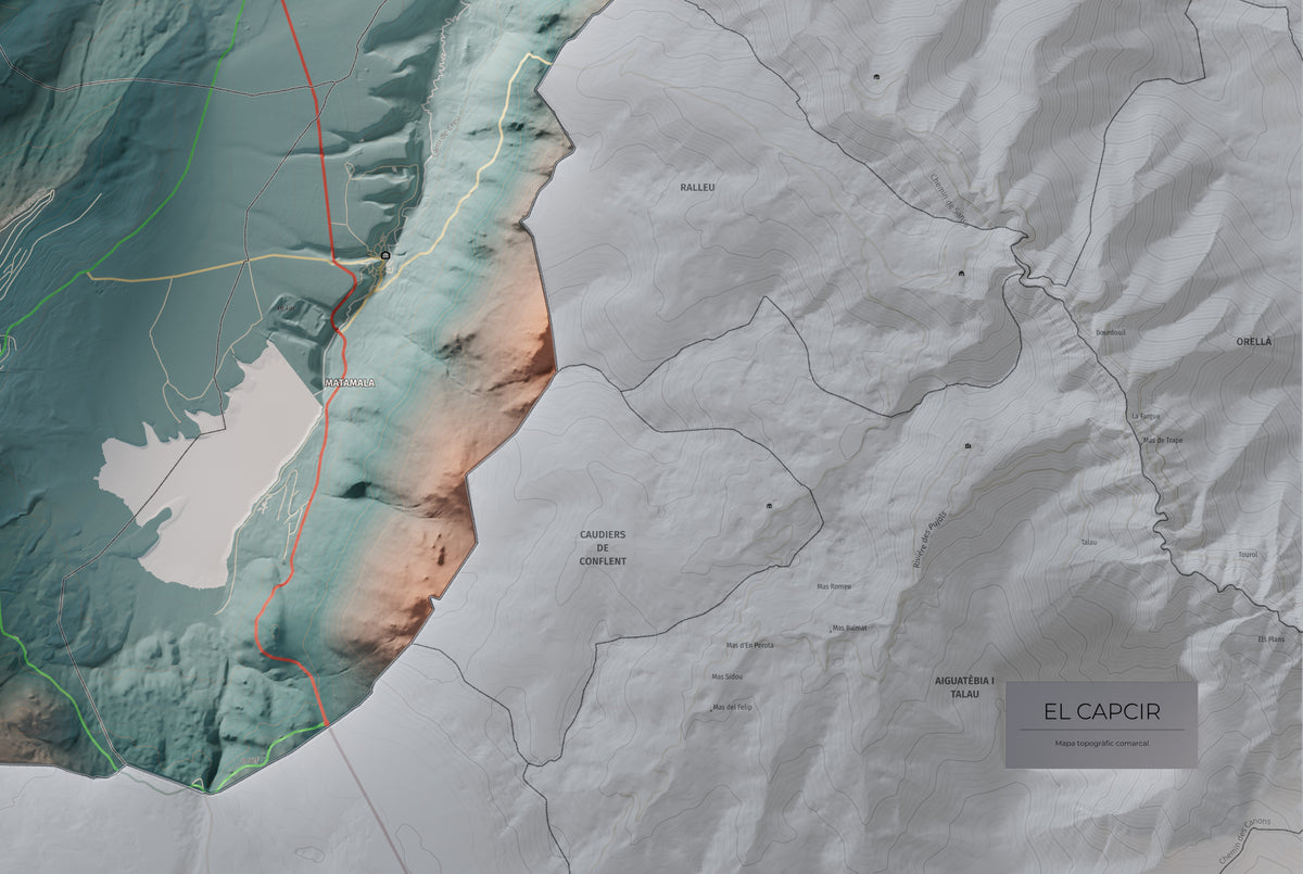 Mapa de relleu del Capcir, amb el territori en color i l’entorn en blanc. Detall de la part inferior dreta. 61 × 91 cm. Estil Contrastat.
