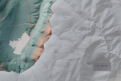 Mapa de relleu del Capcir, amb el territori en color i l’entorn en blanc. Detall de la part inferior dreta. 61 × 91 cm. Estil Contrastat.