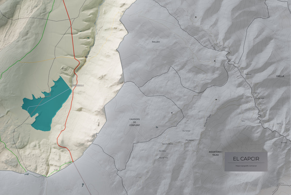 Mapa de relleu del Capcir, amb el territori en color i l’entorn en blanc. Detall de la part inferior dreta. 61 × 91 cm. Estil Cartogràfic.