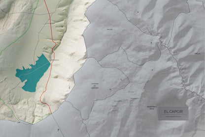 Mapa de relleu del Capcir, amb el territori en color i l’entorn en blanc. Detall de la part inferior dreta. 61 × 91 cm. Estil Cartogràfic.