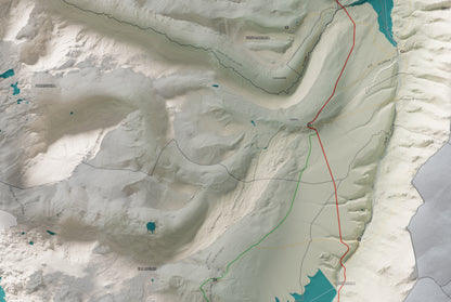 Mapa de relleu del Capcir, amb el territori en color i l’entorn en blanc. Detall de la part central. 61 × 91 cm. Estil Cartogràfic.