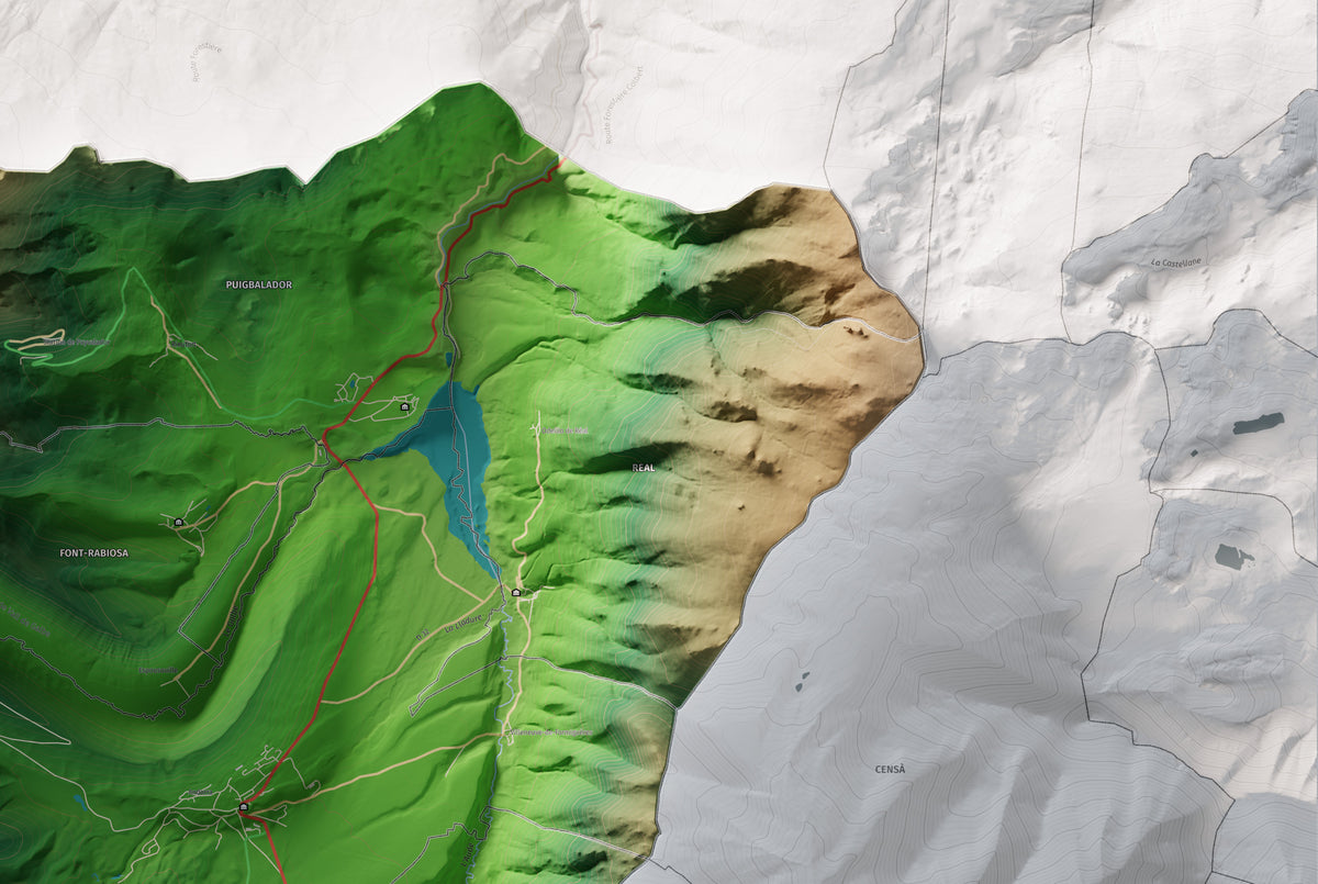 Mapa de relleu del Capcir, amb el territori en color i l’entorn en blanc. Detall de la part superior dreta. 61 × 91 cm. Estil Clàssic.