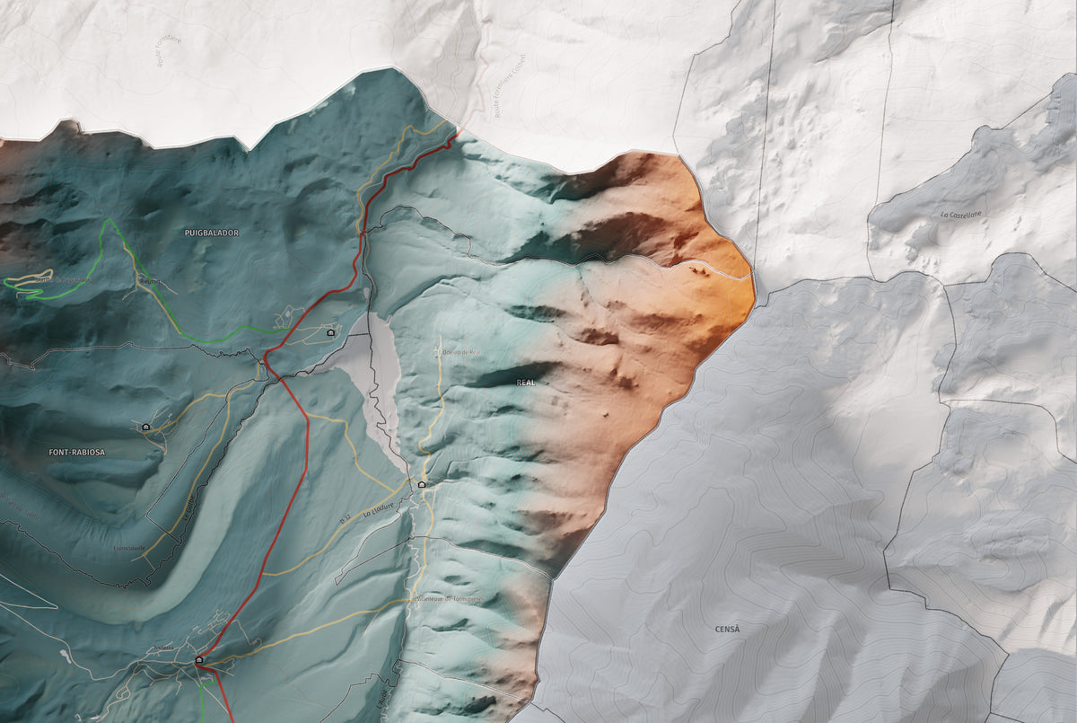 Mapa de relleu del Capcir, amb el territori en color i l’entorn en blanc. Detall de la part superior dreta. 61 × 91 cm. Estil Contrastat.
