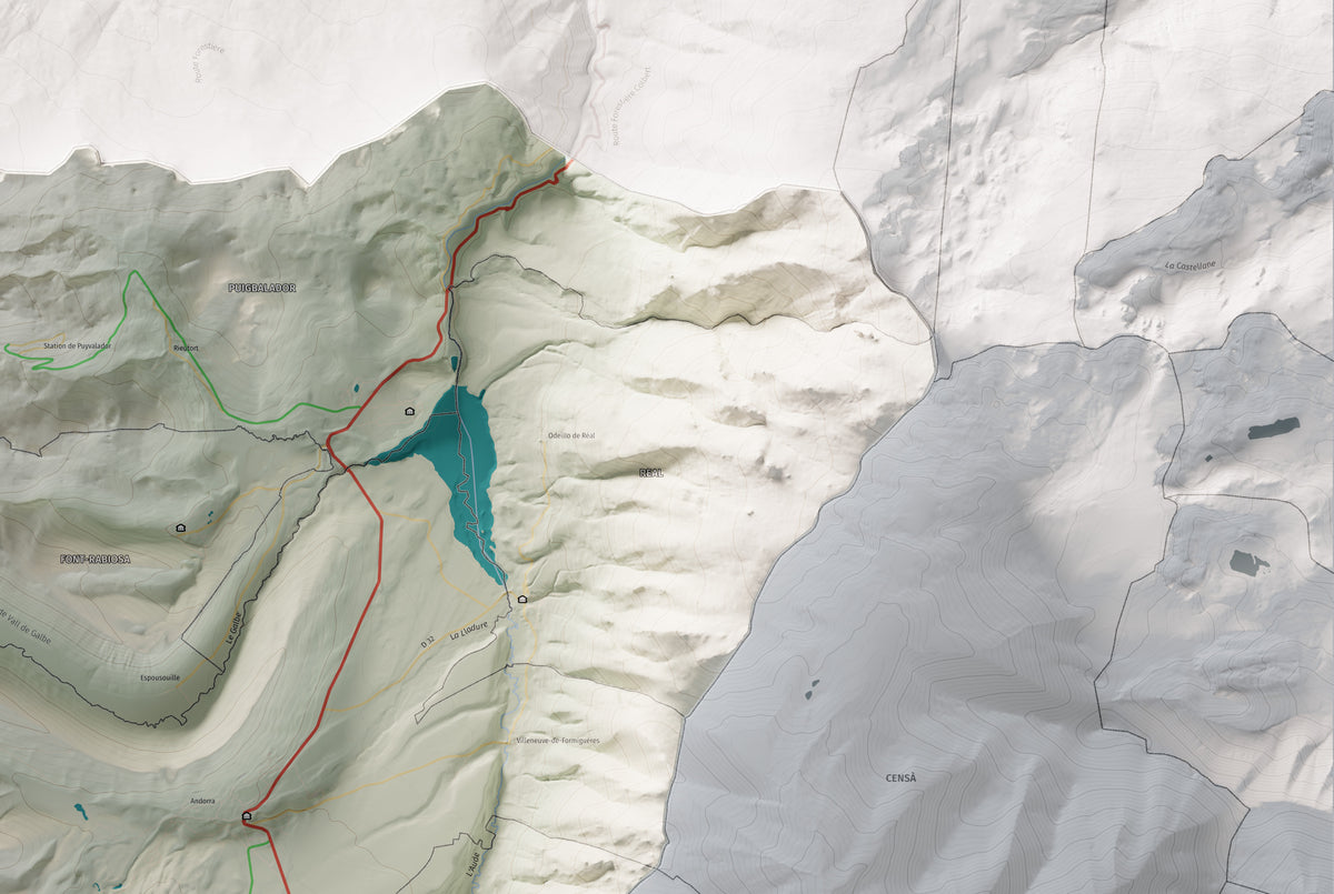 Mapa de relleu del Capcir, amb el territori en color i l’entorn en blanc. Detall de la part superior dreta. 61 × 91 cm. Estil Cartogràfic.