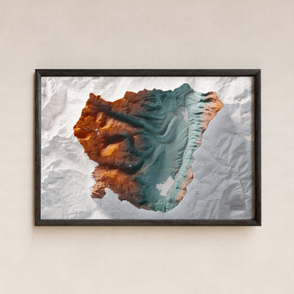 Mapa de relleu del Capcir, amb el territori en color i l’entorn en blanc. Presentació amb marc. 61 × 91 cm. Estil Contrastat.