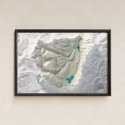 Mapa de relleu del Capcir, amb el territori en color i l’entorn en blanc. Presentació amb marc. 61 × 91 cm. Estil Cartogràfic.