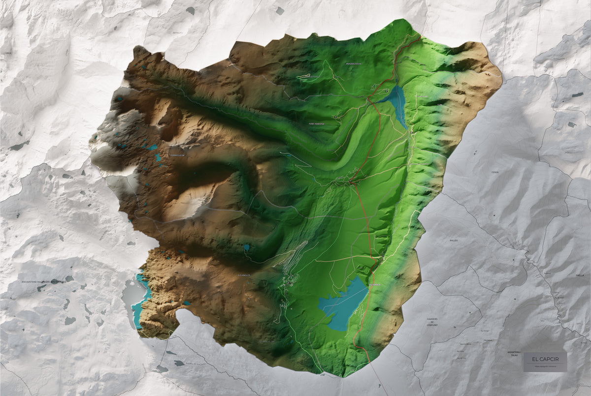 Mapa de relleu del Capcir, amb el territori en color i l’entorn en blanc. Vista completa de la làmina. 61 × 91 cm. Estil Clàssic.