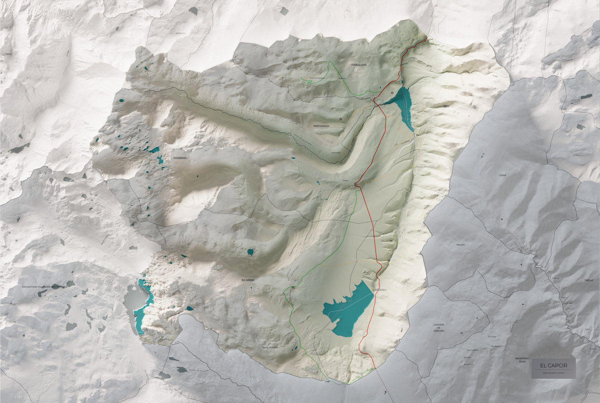 Mapa de relleu del Capcir, amb el territori en color i l’entorn en blanc. Vista completa de la làmina. 61 × 91 cm. Estil Cartogràfic.