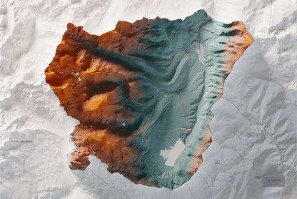 Mapa de relleu del Capcir, amb el territori en color i l’entorn en blanc. Vista completa de la làmina. 61 × 91 cm. Estil Contrastat.