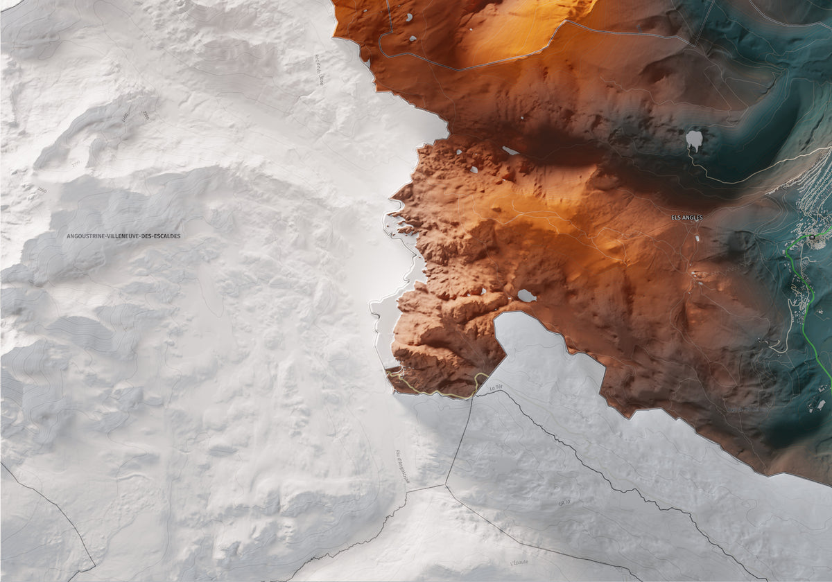 Mapa de relleu del Capcir, amb el territori en color i l’entorn en blanc. Detall de la part inferior esquerra. 70 × 100 cm. Estil Contrastat.