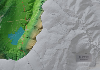 Mapa de relleu del Capcir, amb el territori en color i l’entorn en blanc. Detall de la part inferior dreta. 70 × 100 cm. Estil Clàssic.