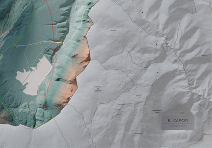 Mapa de relleu del Capcir, amb el territori en color i l’entorn en blanc. Detall de la part inferior dreta. 70 × 100 cm. Estil Contrastat.