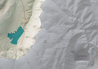Mapa de relleu del Capcir, amb el territori en color i l’entorn en blanc. Detall de la part inferior dreta. 70 × 100 cm. Estil Cartogràfic.