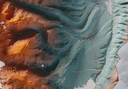 Mapa de relleu del Capcir, amb el territori en color i l’entorn en blanc. Detall de la part central. 70 × 100 cm. Estil Contrastat.
